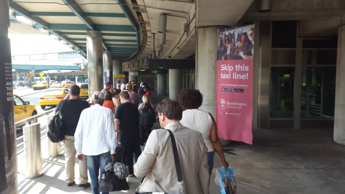 Waiting in line for a cab at LaGuardia airport Terminal B. Here travellers can skip the line using the Bandwagon app. Photo Hans Klis